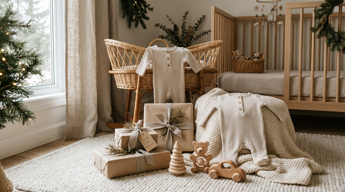 Sfeervol kerstcadeau overzicht voor baby en kind met handgemaakte kleding en houten speelgoed