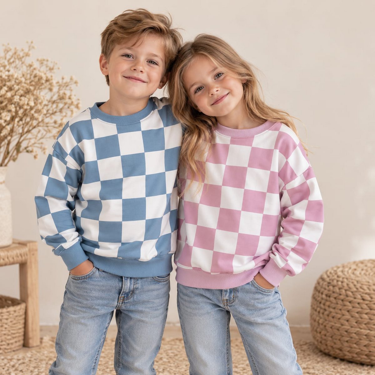 Oversized sweatshirt met dambordpatroon voor kinderen