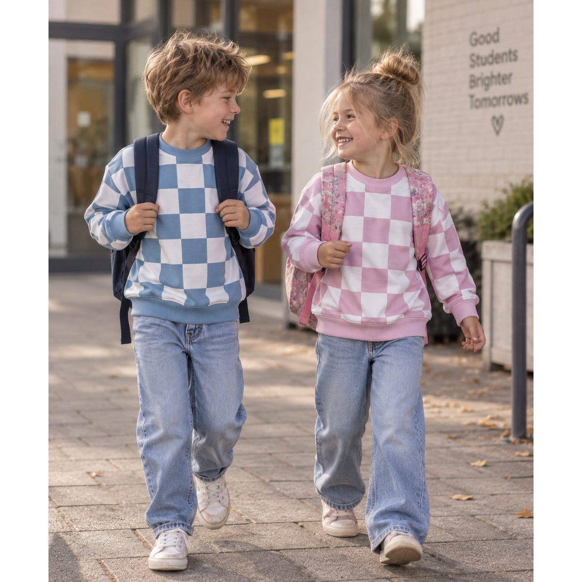 Blauwe kindersweater met dambordprint