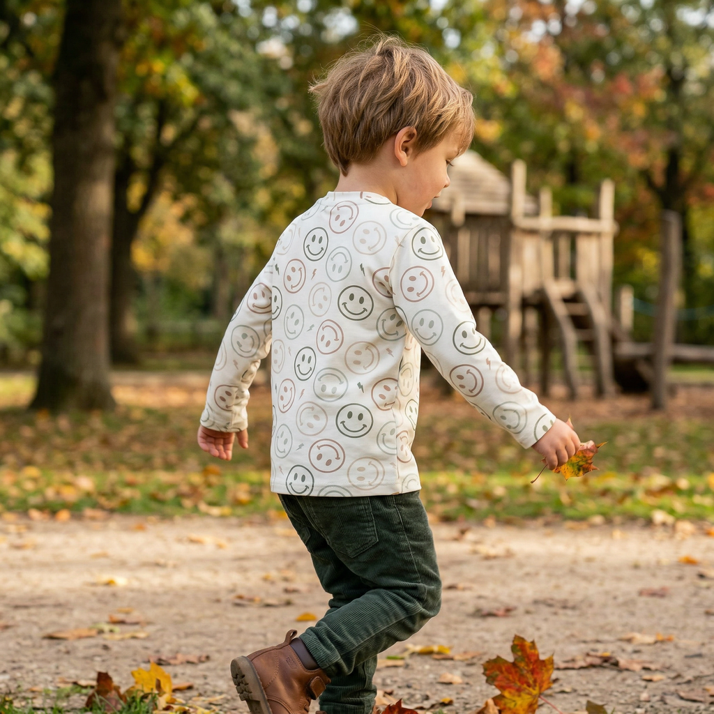 Beige kindershirt met lange mouwen en smileyprint