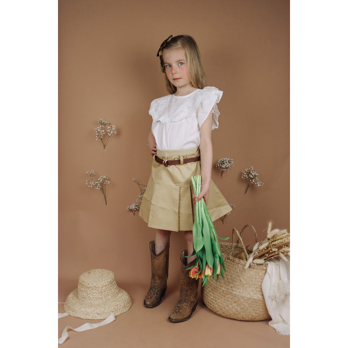 Emeline Plissé Meisjesrok met Riem – Camel