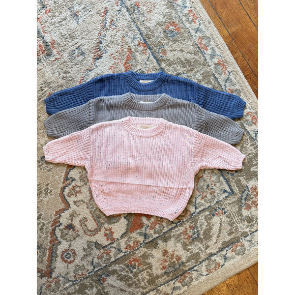Liv Basic Kindertrui van Katoen – Marineblauw, Donkergrijs & Roze Confetti