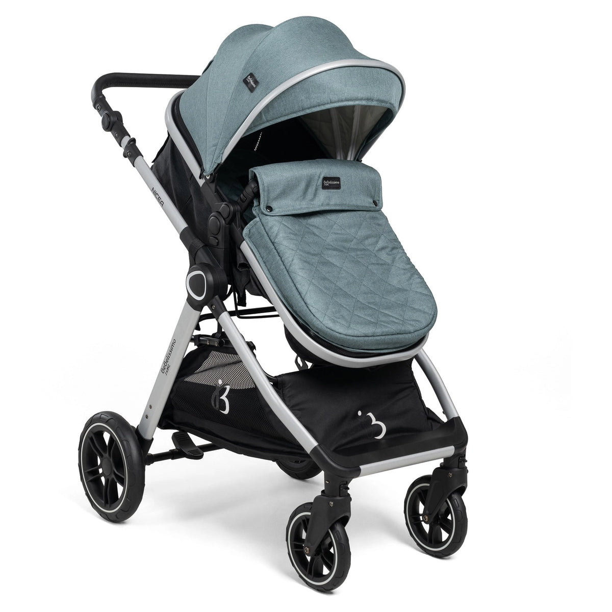 Groene kinderwagen met draagwieg-opstelling