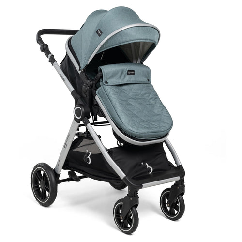 Groene kinderwagen met draagwieg-opstelling