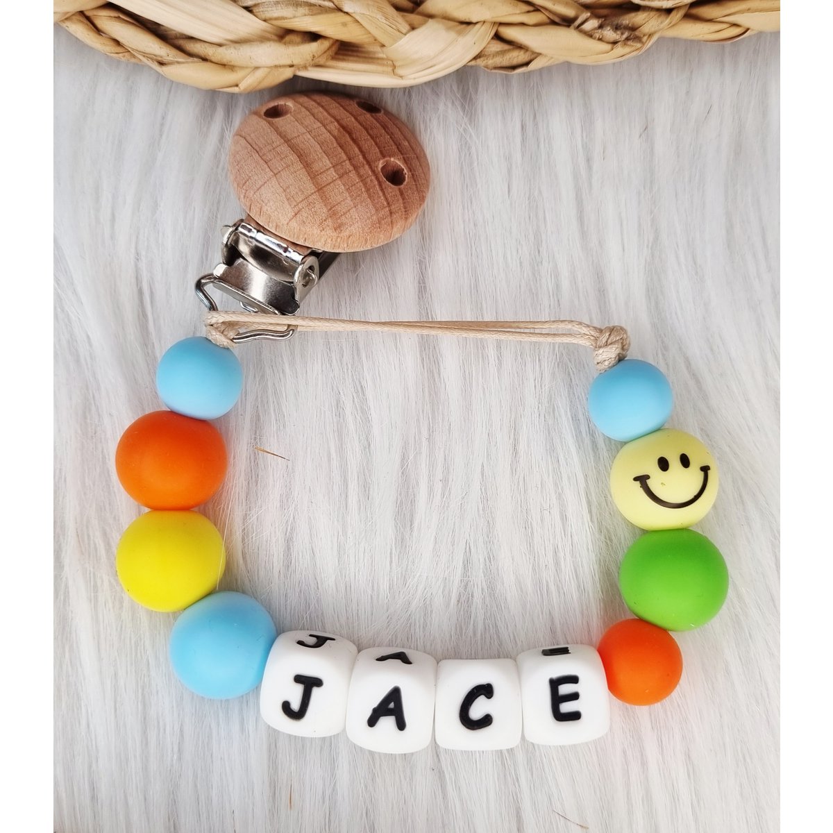 Gepersonaliseerd speenkoord met naam Smiley - babyblauw