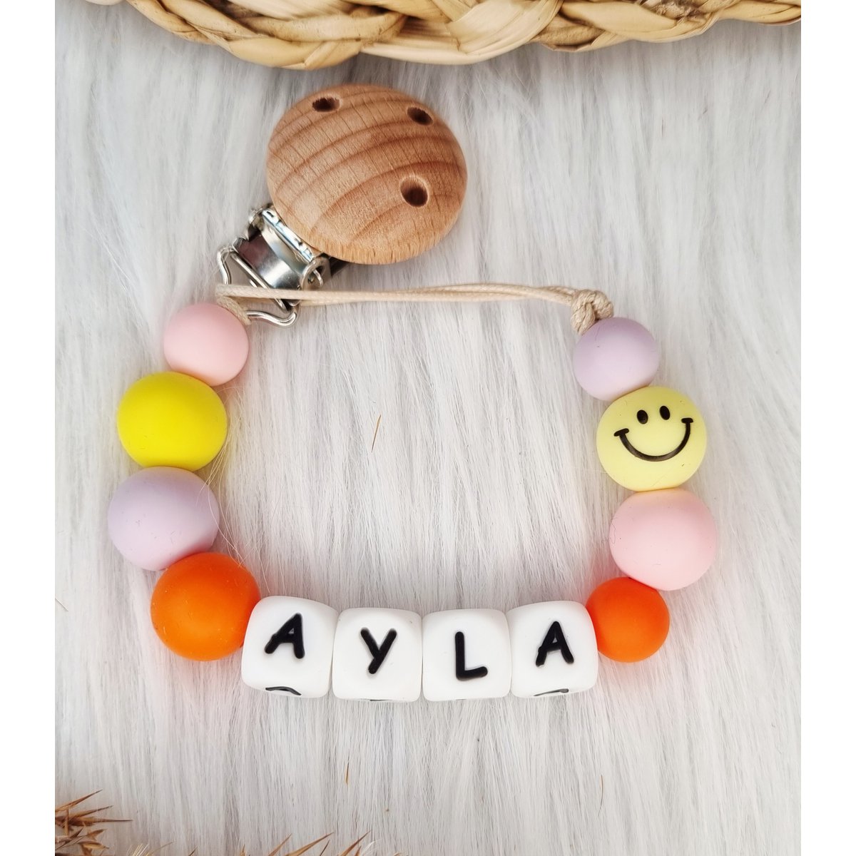 Gepersonaliseerd speenkoord met naam Smiley - babypink