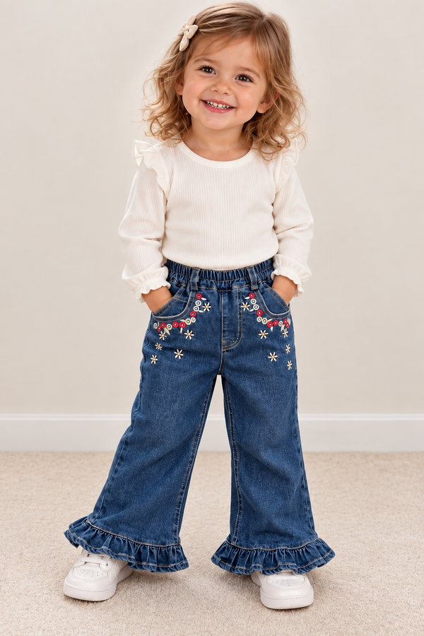 Amelia Denim Meisjesbroek met Bloemenborduursel