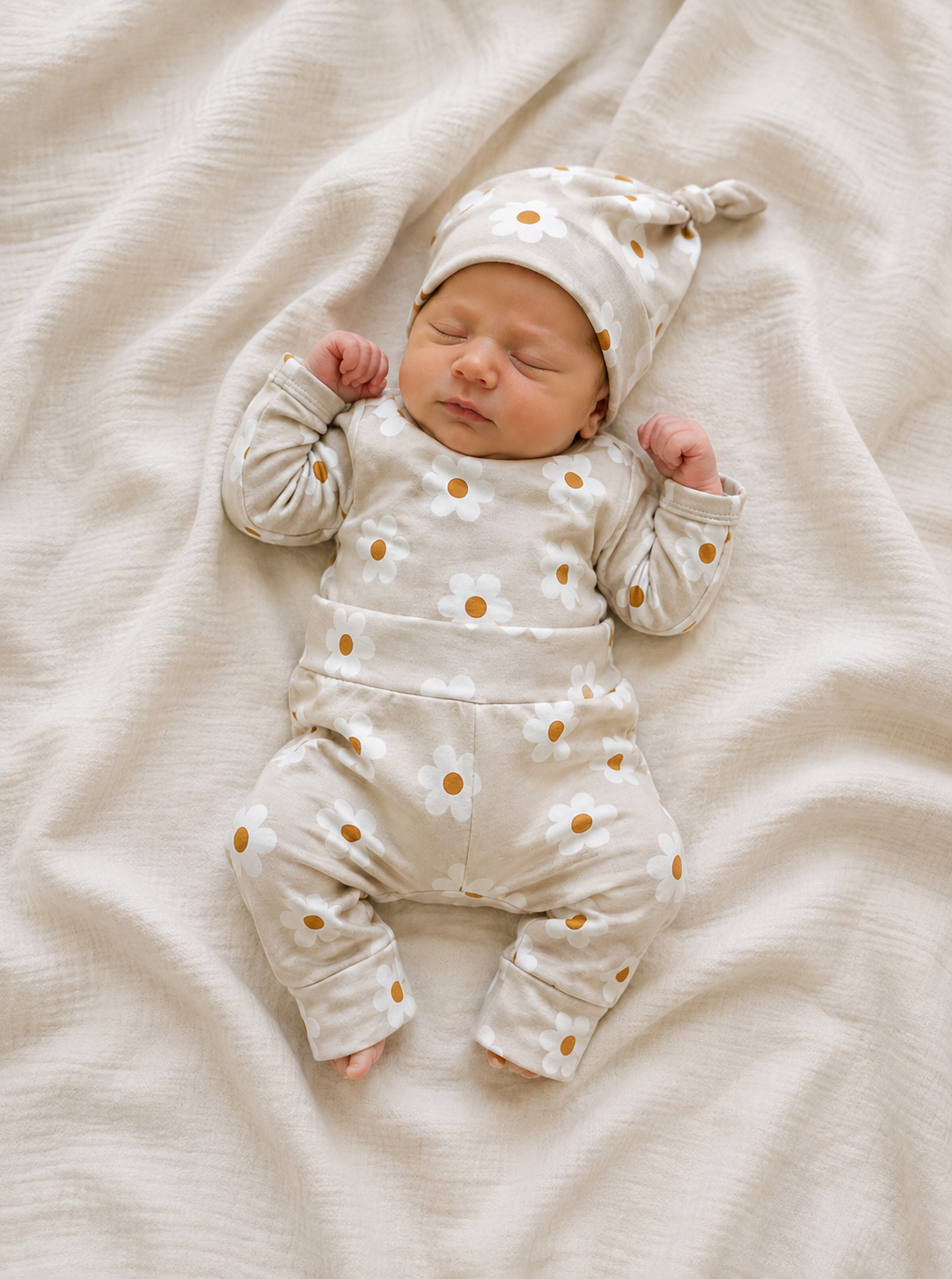 Newborn set Daisy zand met knoopmutsje en broekje