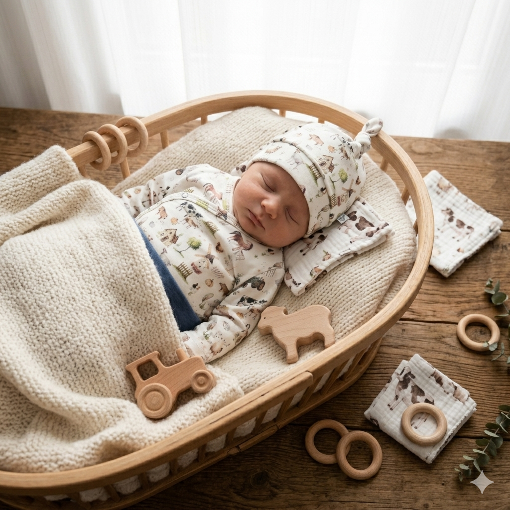 Pasgeboren baby die rustig slaapt in een houten wieg met wollen deken