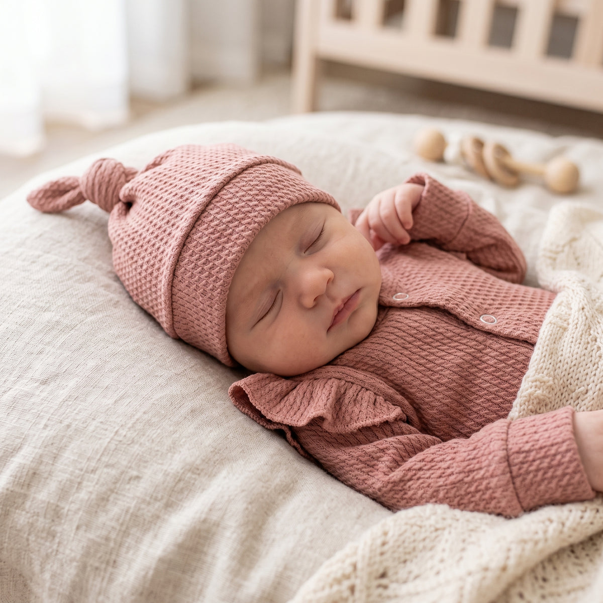 Babymutsje Cable Clay Pink met kabelsteek van GOTS-katoen