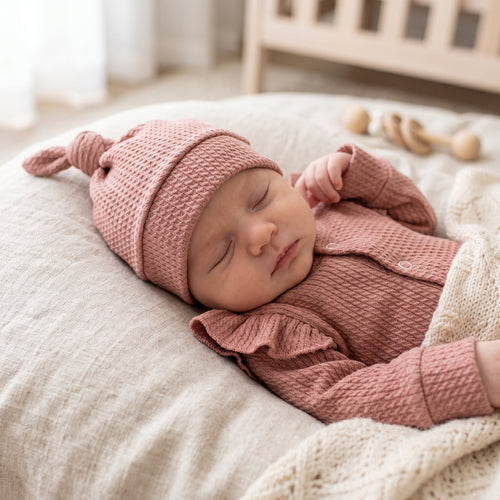 Babymutsje Cable Clay Pink met kabelsteek van GOTS-katoen