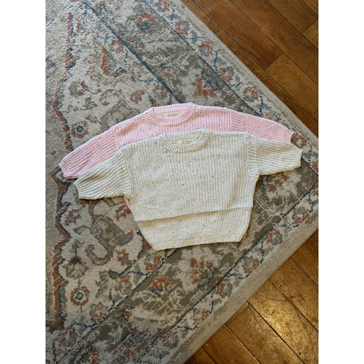 Liv Basic Kindertrui van Katoen – Marineblauw, Donkergrijs & Roze Confetti
