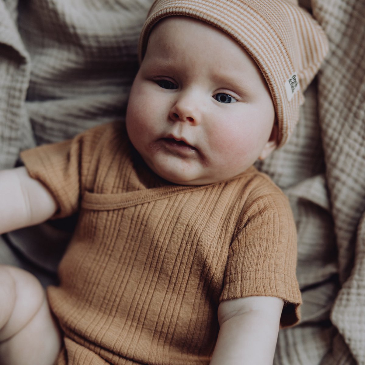 S/S bodysuit van wollen ribstof - Fawn