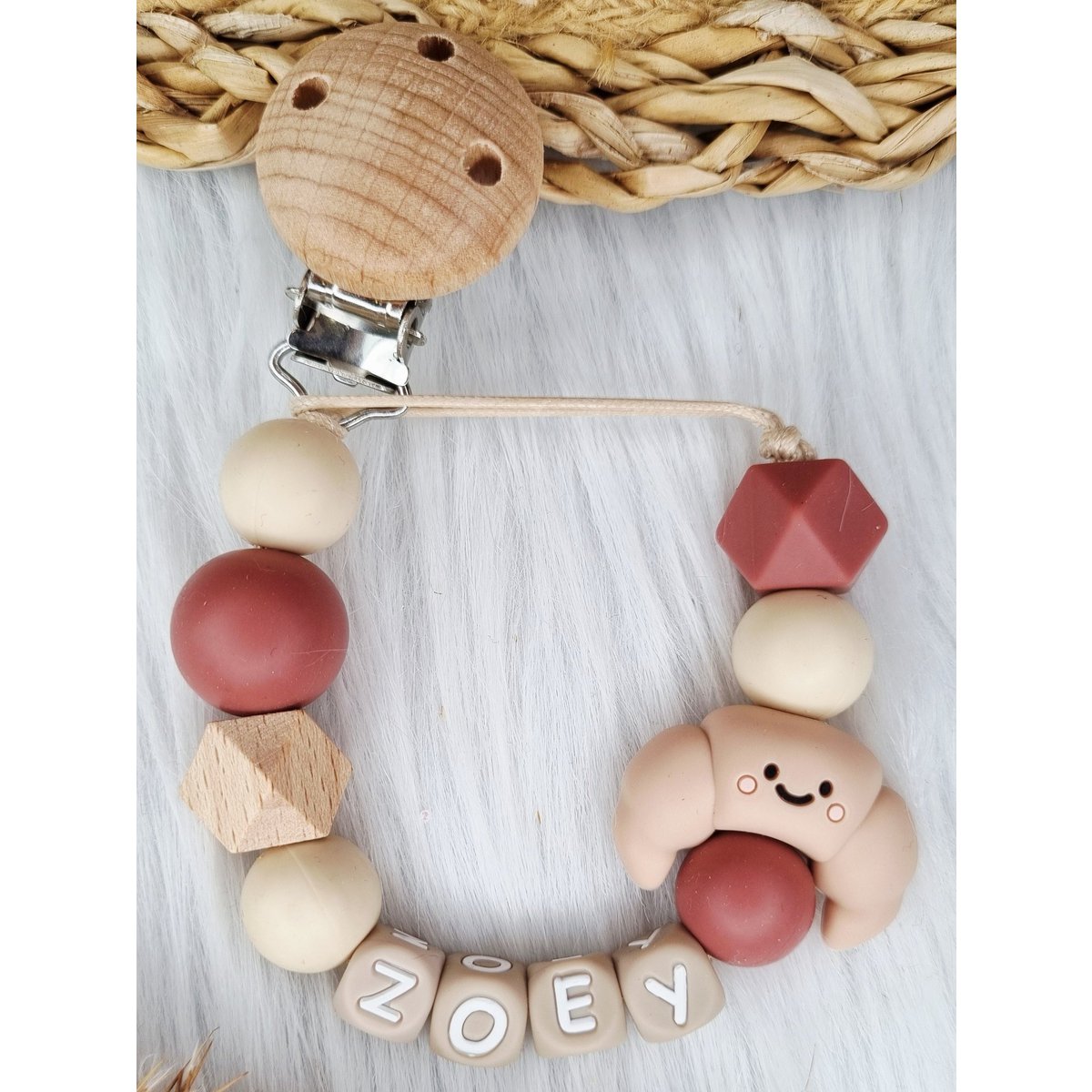 Gepersonaliseerd speenkoord Croissant Woodchuck - beige