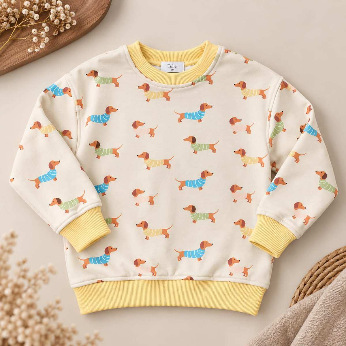 Kindersweater Teckelprint crème met vrolijke allover teckelprint in blauw, groen, geel en pastelroze en gele boorden