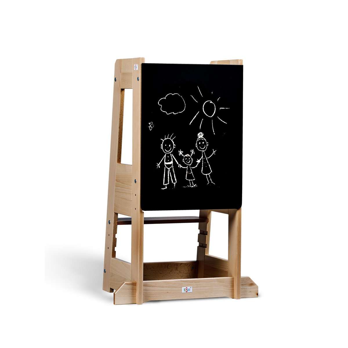 tiSsi® zwart beukenhouten leertoren met een glad zwart krijtbord en witte krijttekeningen van een gezin en zon