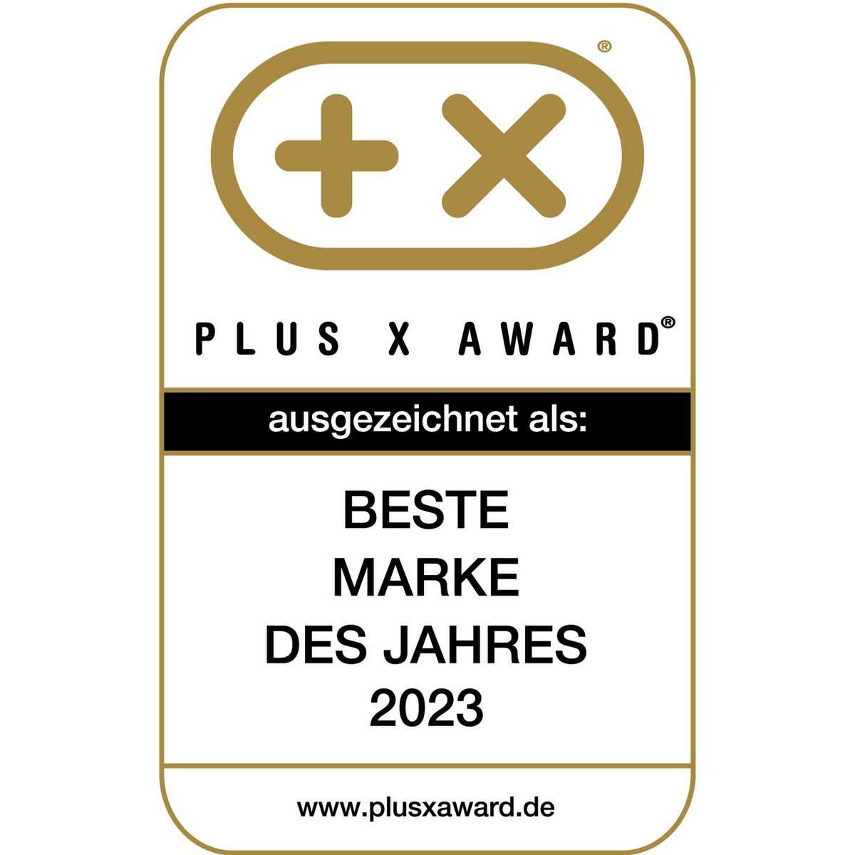 Plus X Award onderscheiding voor beste merk des Jahres 2023 in zwart en goud met duidelijke typografie en websitevermelding